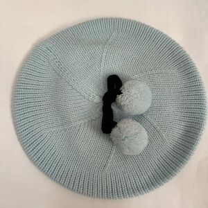 Light Blue Knit Beret with Pom Poms